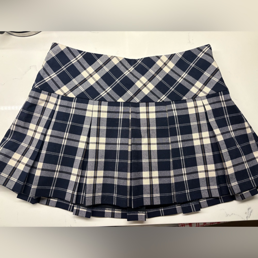 Garage Navy and White Plaid Pleated Skirt